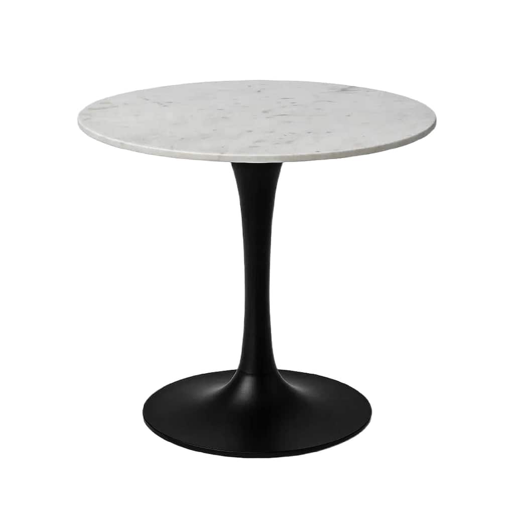 Mara Dining Table, 30 Inch Round White Genuine Marble Top, Black Metal Tulip Pedestal Base - White, Black