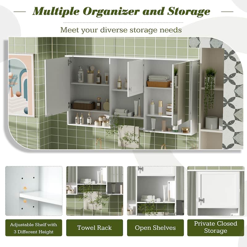 55" Wall-Mount 3-in-1 Mirror Cabinet with Adjustable Shelf, Soft-Closing Hinges, High-Quality MDF, for Bathroom Vanity