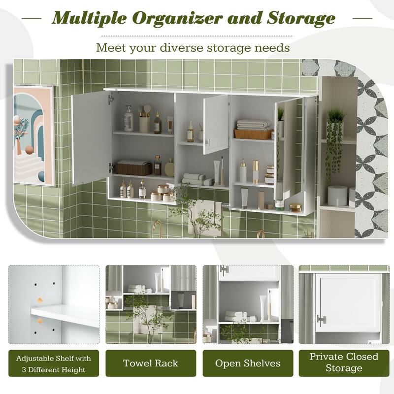 55 Inch Wall Mounted Mirror Cabinet with Adjustable Shelf, Soft Close Hinges, Bathroom Storage Organizer