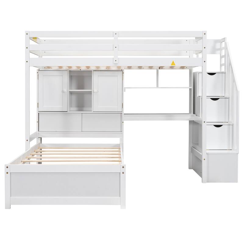 Twin over Twin Loft Bed L-Shaped Bunk Bed with Desk and Storage Shelf, Storage Stairs, Double Door Storage Headboard