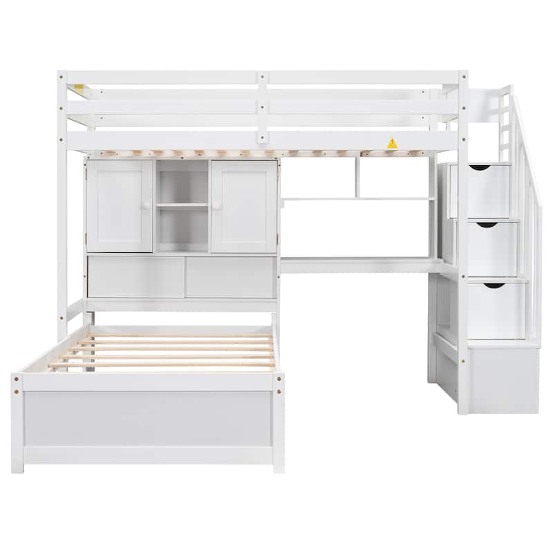 White Twin over Twin Loft Bed with Built-in Desk, Staircase & Storage