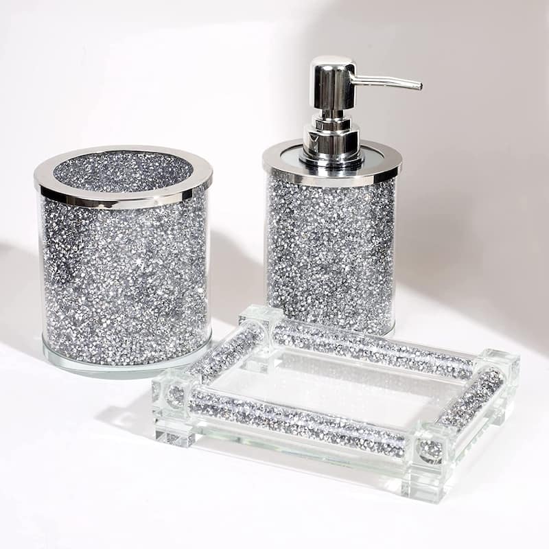 3PCS Silver Crystal Diamond Bathroom Accessory Decor Sets - silver