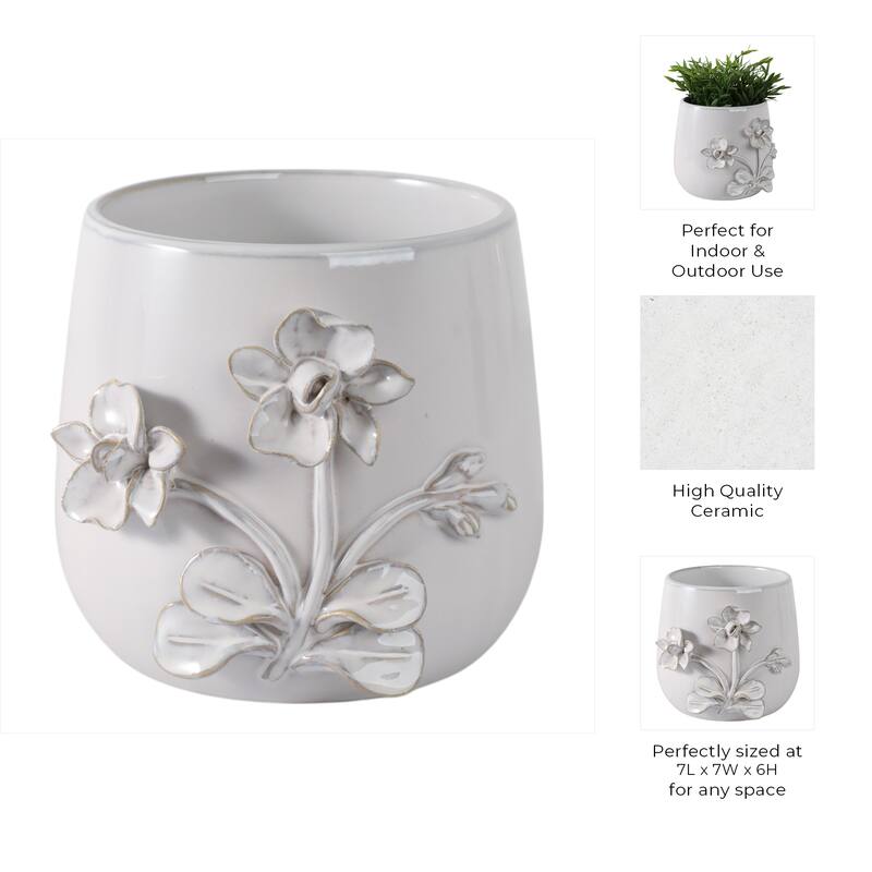 Decorative Ceramic Flower Planter with Flower Applique - Ivory