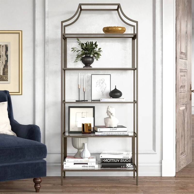 Metal Etagere Bookcase with 5 Safety Tempered Glass Shelves Freestanding Display Rack for Living Room Bedroom Office