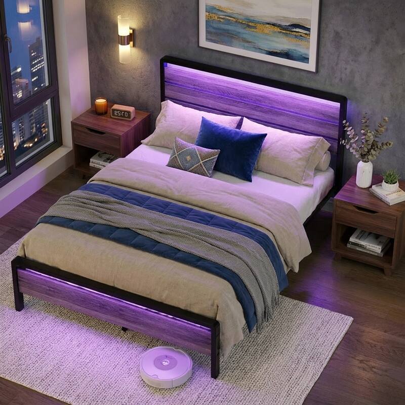 Bed Frame with LED Light and Charging Station, Metal Platform Bed with Wood Headboard