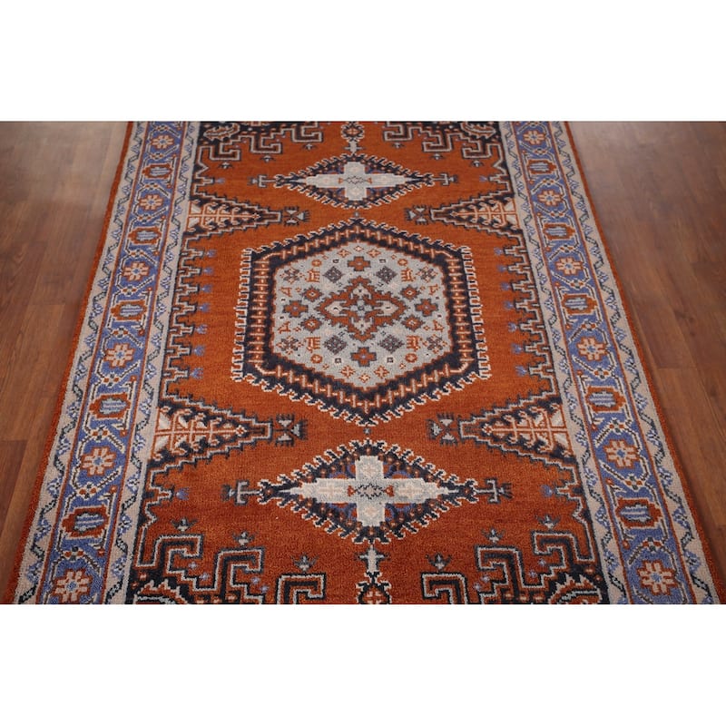 Orange Geometric Viss Indian Area Rug Hand-Knotted Wool Carpet - 4'0"x 6'3"