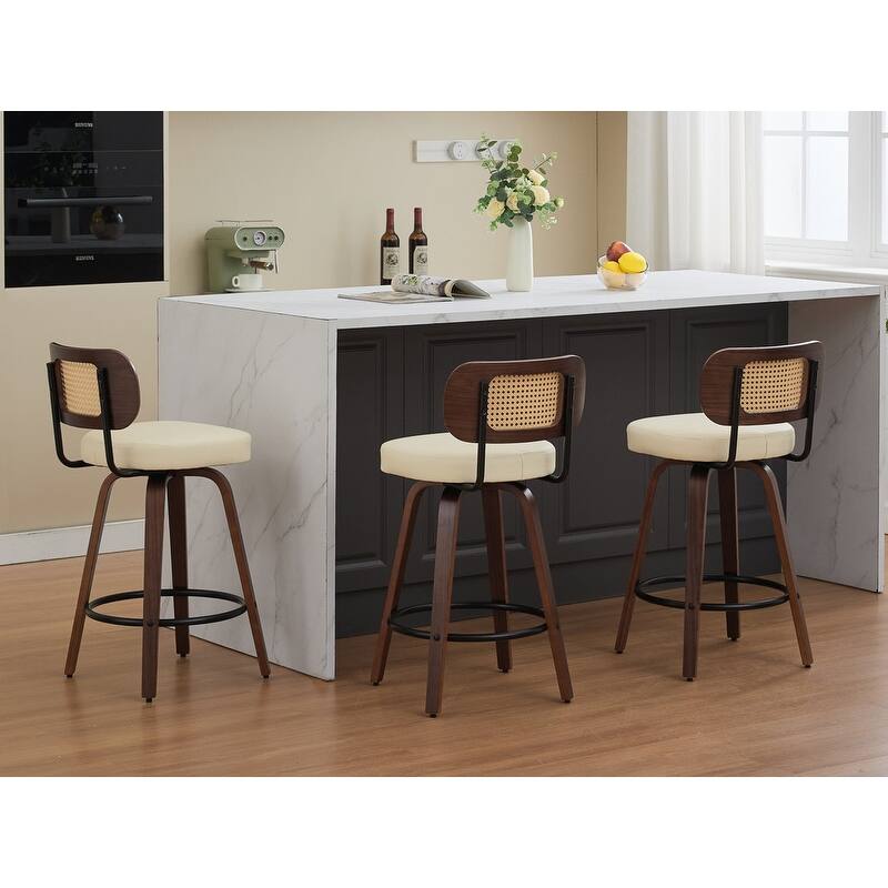 Grondin Swivel Counter Height Bar Stools Set, Rattan Backrest and PU Leather Upholstery Seat Counter Stools for Kitchen Island
