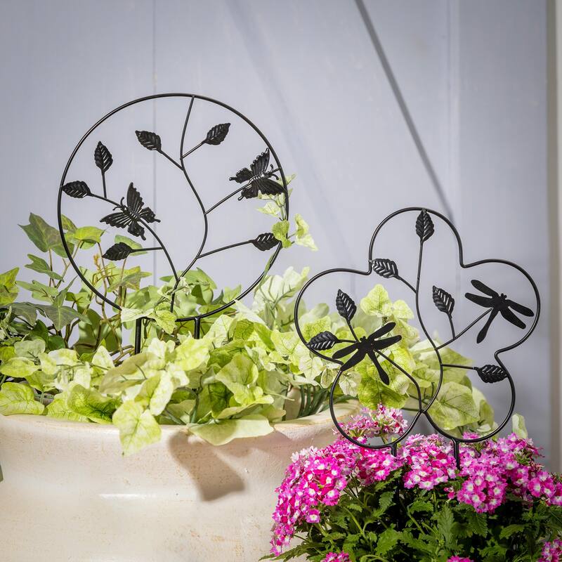 18" Metal Potted Trellis, Butterfly and Dragonfly, Set of 2