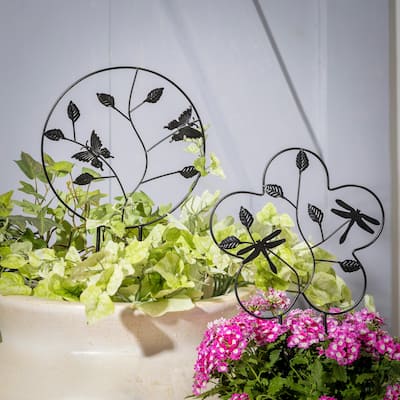 18" Metal Potted Trellis, Butterfly and Dragonfly, Set of 2
