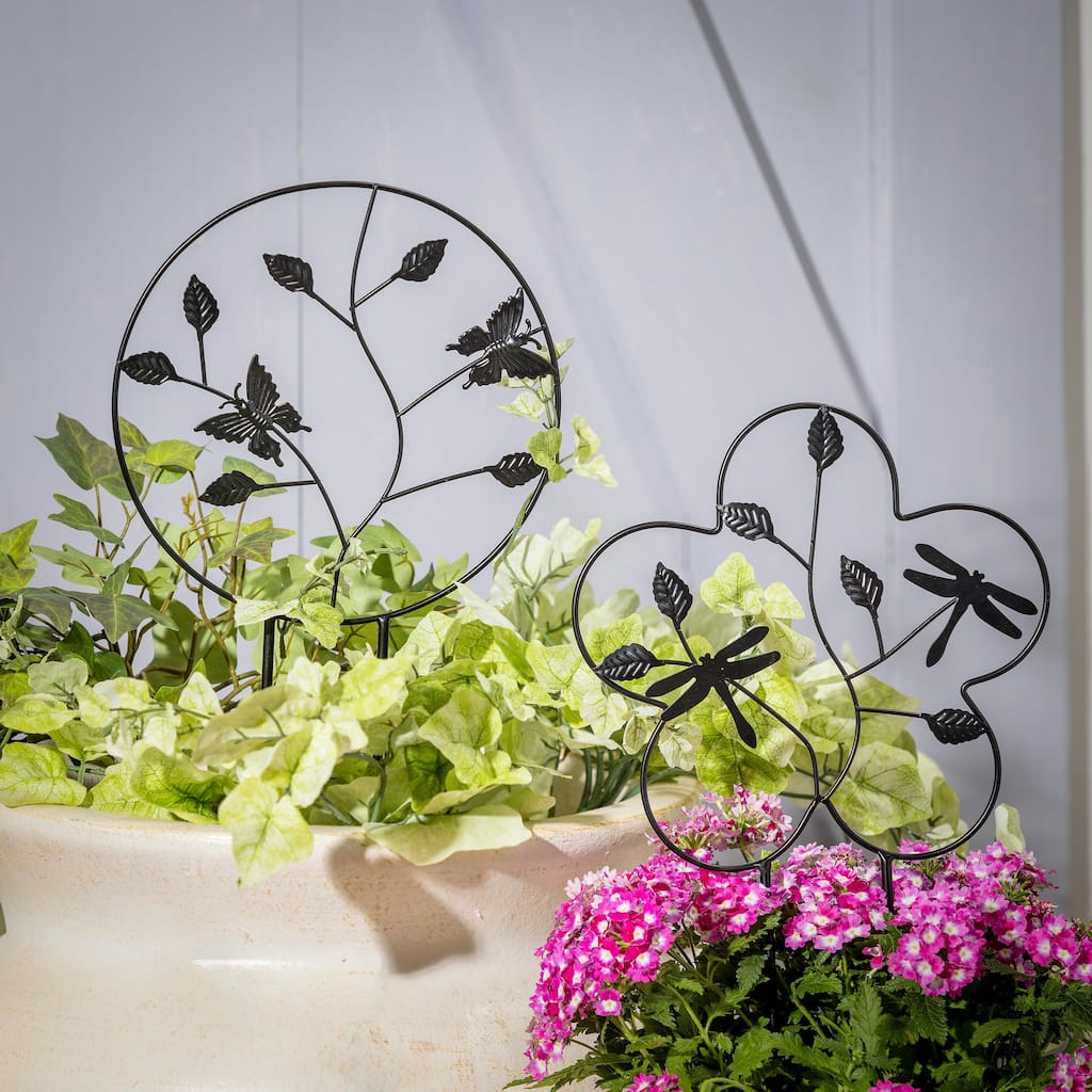 18" Metal Potted Trellis, Butterfly and Dragonfly, Set of 2