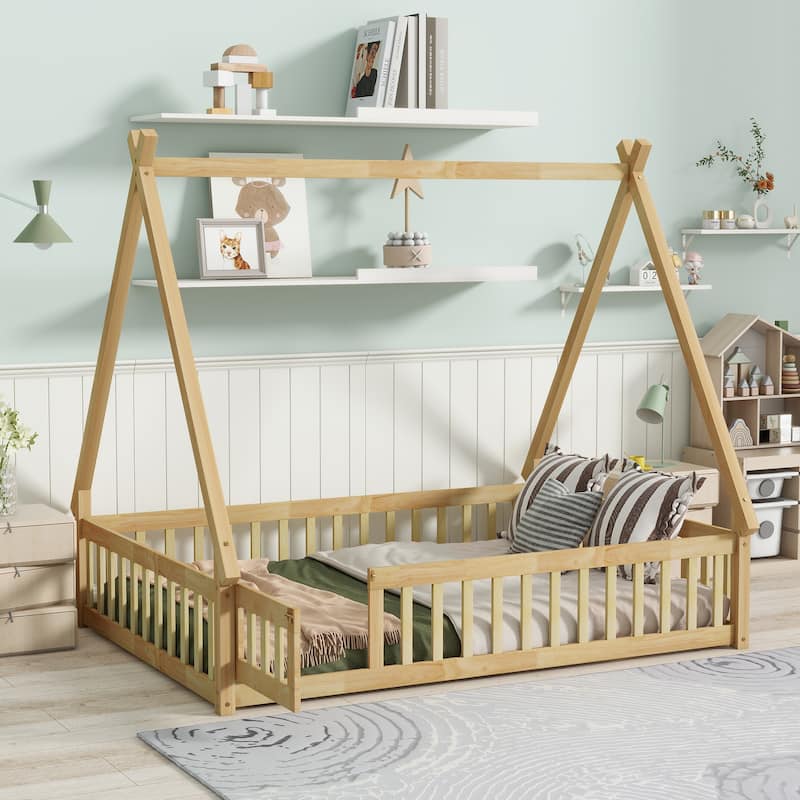 Roomfitters Twin/Full Tent-Shaped Floor Bed with Teepee Frame, Rubber Wood Platform with Guardrails, Slats and Door