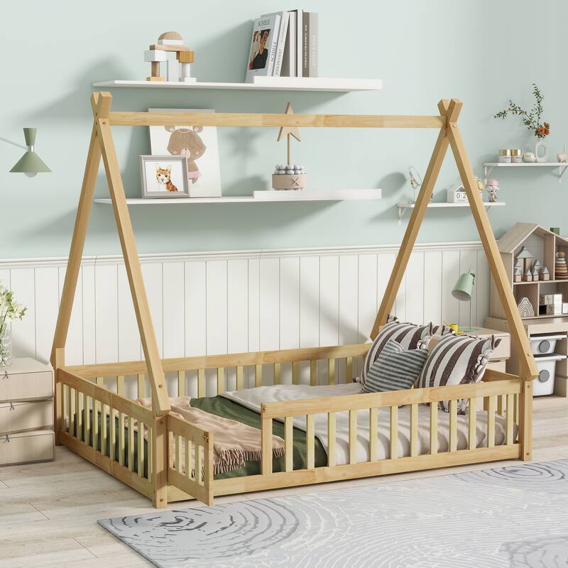 Tent-Shaped Floor Bed, Wooden Kids Teepee Bed with Fence and Door - Natural - Full