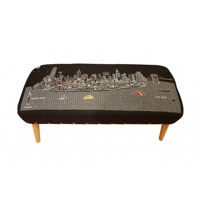 HomeRoots 38" NYC Nighttime Skyline Embroidered Ottoman