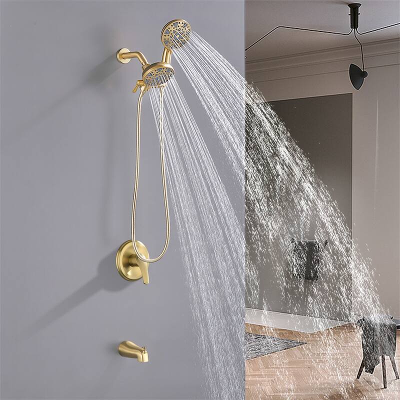 Wall Mount Dual Head Shower Faucet with Tub Spout Brass Complete Shower System with Hand Shower Valve Included