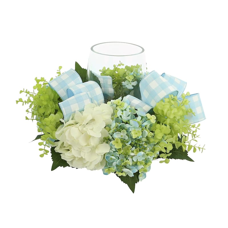 Peony and Hydrangea Glass Candle Holder Centerpiece - Green, Blue