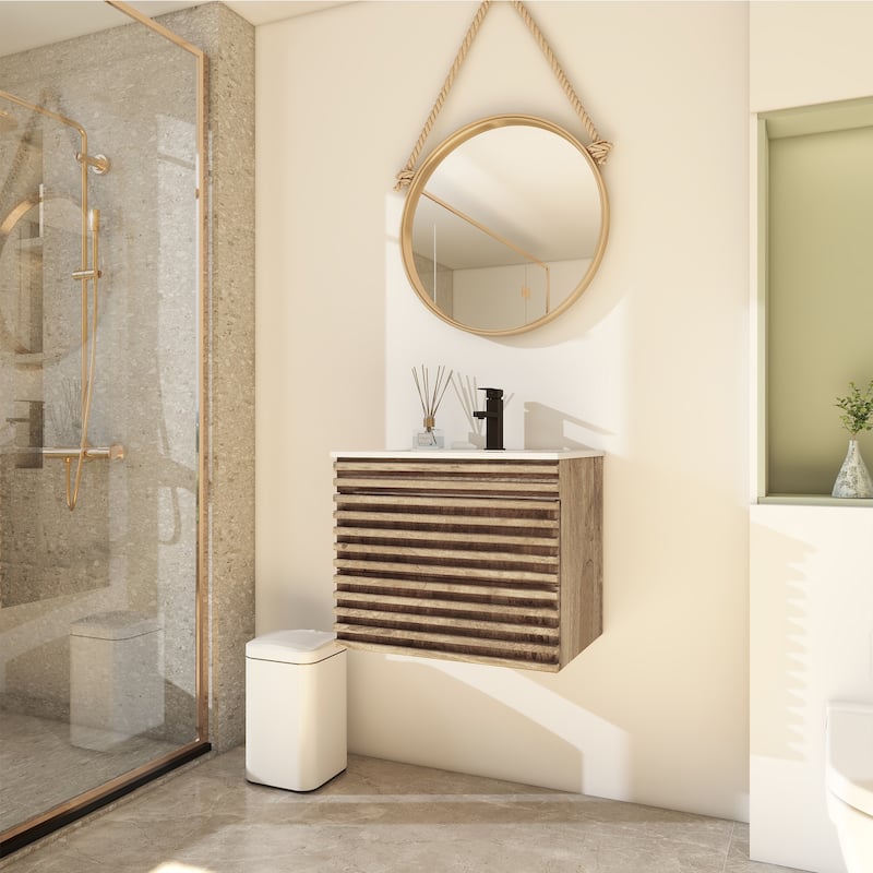 Wall Mounted Bathroom Vanity Set W/ Drop in Sink Mid-Century Cabinet Set - 24" - Natural