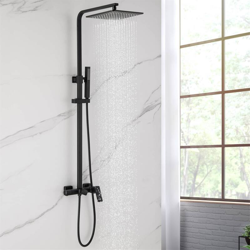Wall Mount Shower Faucet With Tub Spout Matte Black Exposed Pipe Shower System With 10 inch Shower Head with Handheld And Valve - Matte Black