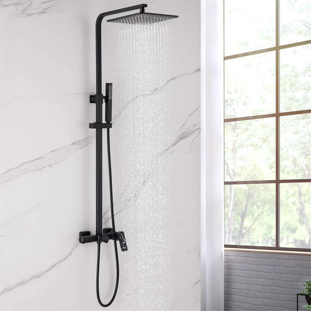 Wall Mount Shower Faucet With Tub Spout Matte Black Exposed Pipe Shower System With 10 inch Shower Head with Handheld And Valve
