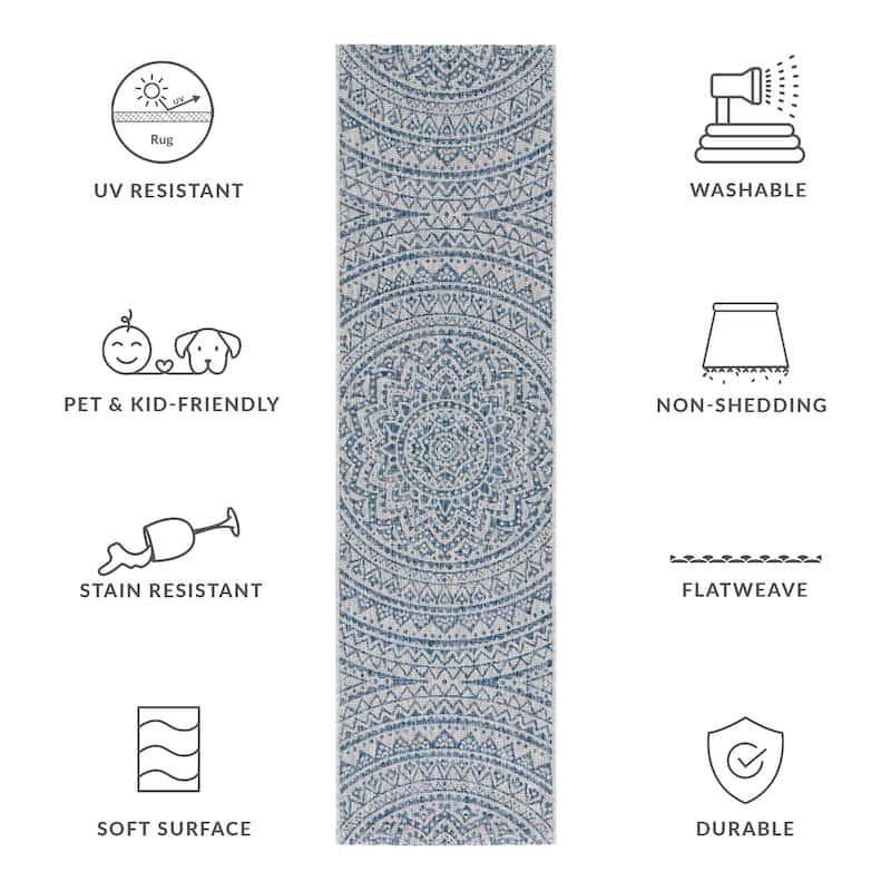 SAFAVIEH Courtyard Deepa Mandala Indoor /Outdoor Waterproof Patio Backyard Rug - 2'3" x 8' Runner - Light Grey/Blue