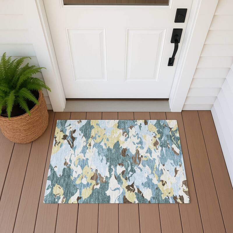 Machine Washable Indoor/ Outdoor Abstract Mexi Chantille Rug - Teal - 1'8" x 2'6"