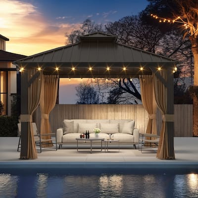 Outdoor Hardtop Gazebo with Double Galvanized Steel Roof & Aluminum Frame, Featuring Curtains and Netting for Added Comfort