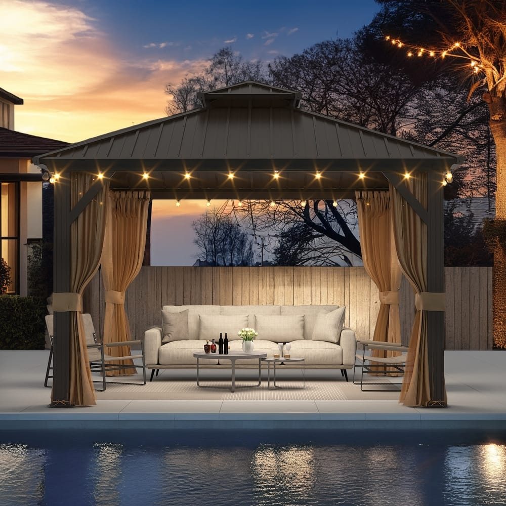 Outdoor Hardtop Gazebo with Double Galvanized Steel Roof & Aluminum Frame, Featuring Curtains and Netting for Added Comfort