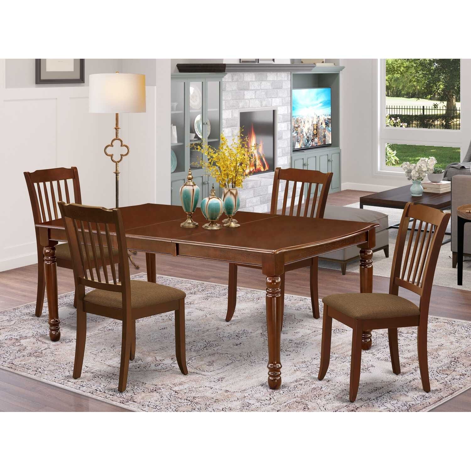 Contemporary 5Pc Dining Set - Rectangle Table & 4 Linen Chairs - Mahogany Finish