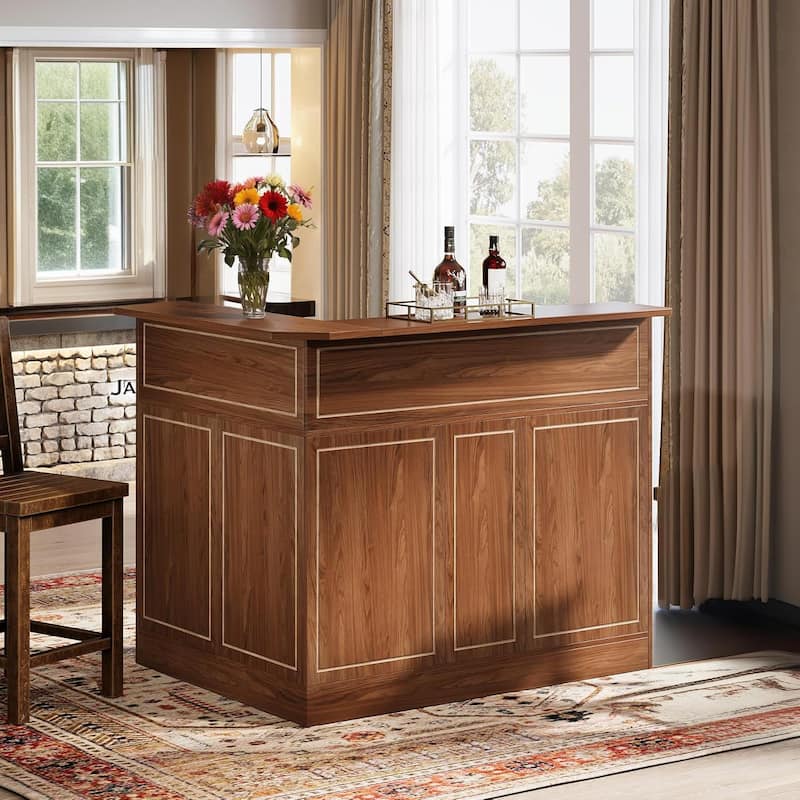 Red Brown L-Shaped Bar Unit with 4-Tier Shelves and Wine Glass Racks for Living Room or Basement - 51.2"L x 39.4"W x 44"H