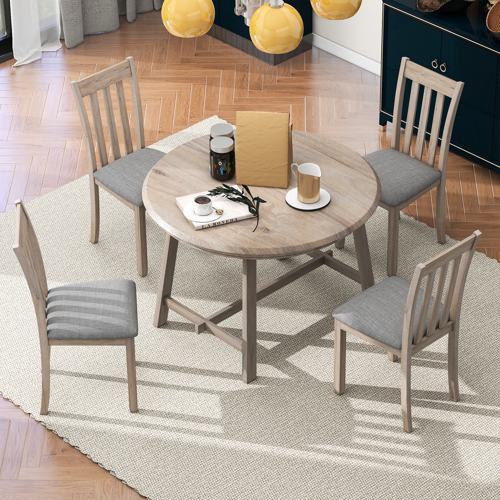 5 Piece Solid Wood Dining Set Round Extendable Dining Table with