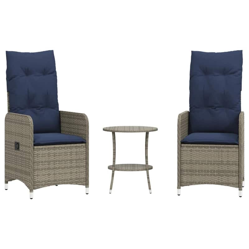vidaXL Reclining Patio Chairs 2 pcs with Table Gray Poly Rattan - 21.5" x 23" x 36.2"