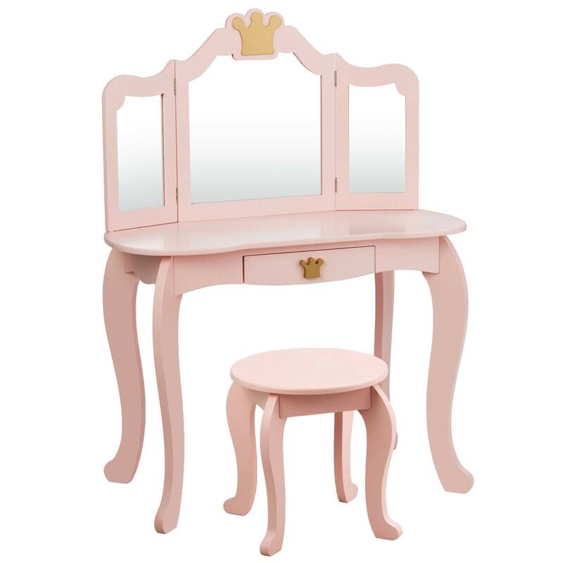 Gymax Kids Makeup Dressing Table Chair Set Princess Vanity & - See Details