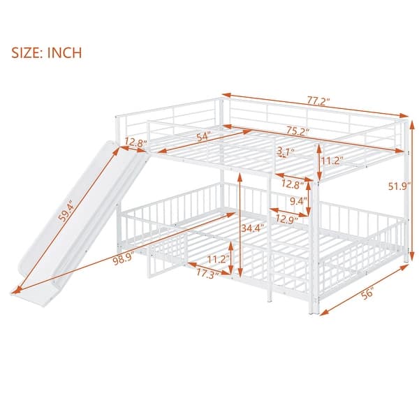 White Full Over Full Metal Bunk Bed with Slide & Ladder, Heavy Duty Low Bunk Beds w/Safety Guardrail & Small Door for Girls Boys