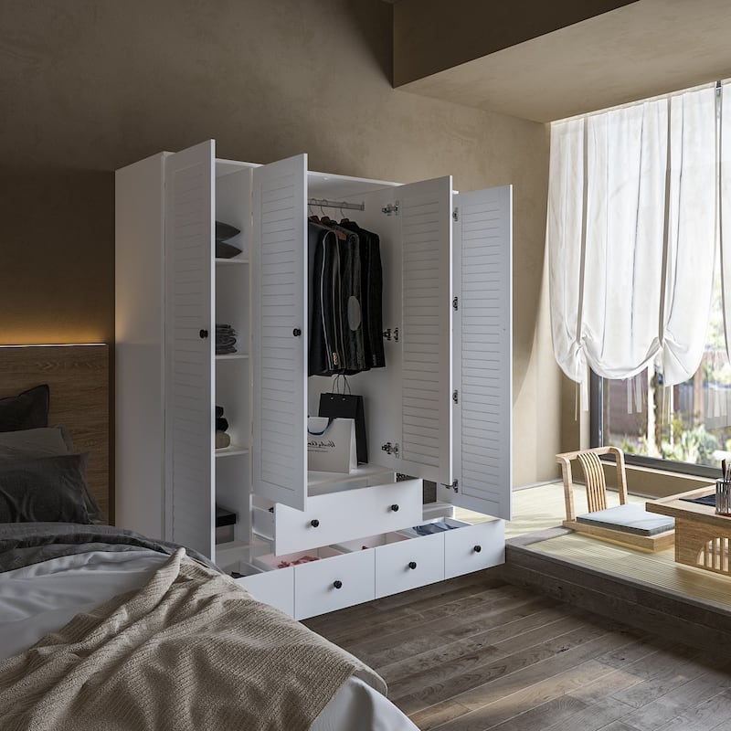 Modern 4-Door Wood Bedroom Armoire in White Closet Cabinet Wardrobe