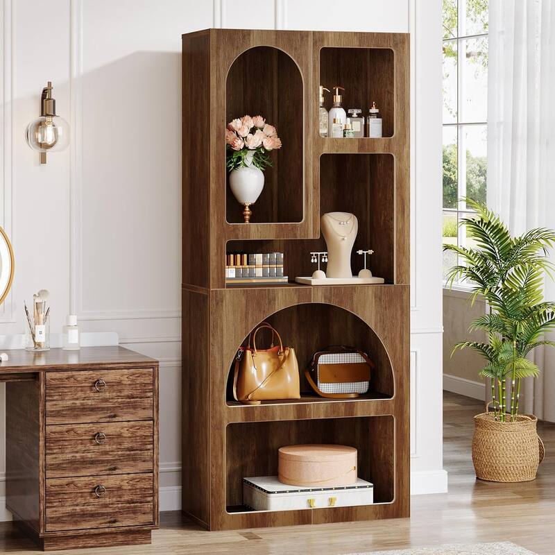 70 Inches Tall White Arched Bookcase with 5 Irregular Storage Shelves