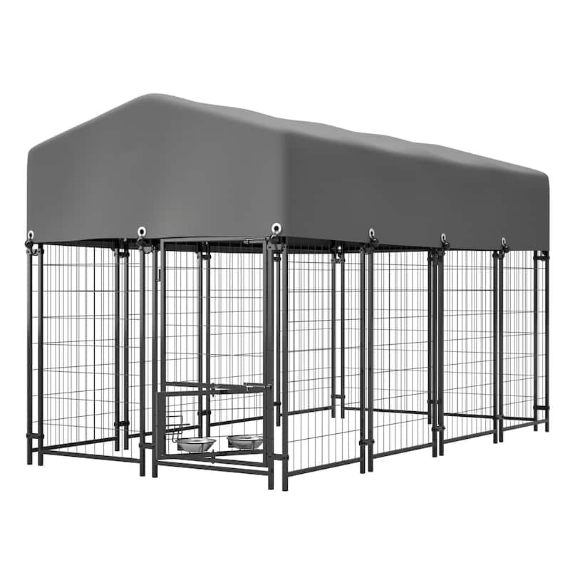 GDFStudio - Large Outdoor Heavy Duty Metal Dog Kennel with Roof, UV-Resistant Waterproof Cover, Double Lock & Rotating Feeder