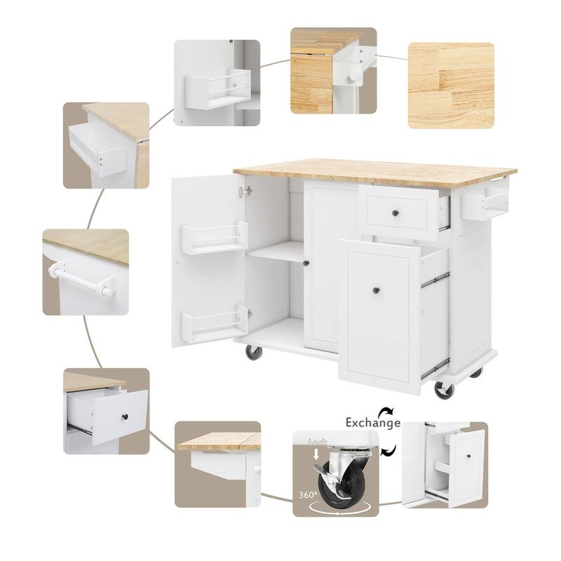 Rubberwood Kitchen Cart with Drop Leaf, Internal Storage Rack, and 2 Drawers