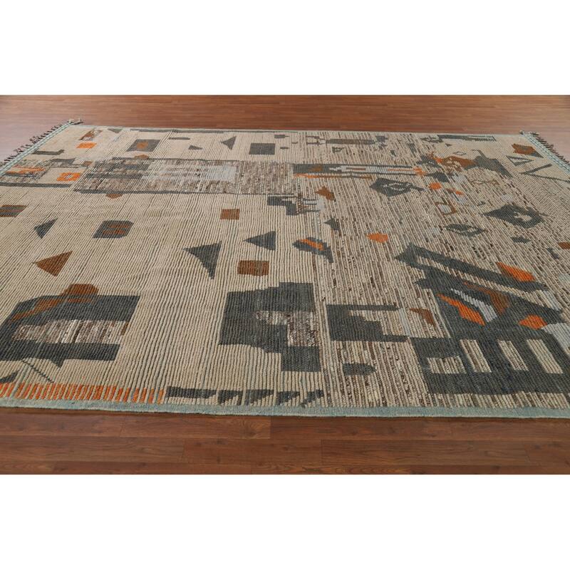 Earth Tone Moroccan Abstract Area Rug Handmade Wool Carpet - 9'0" x 12'4"