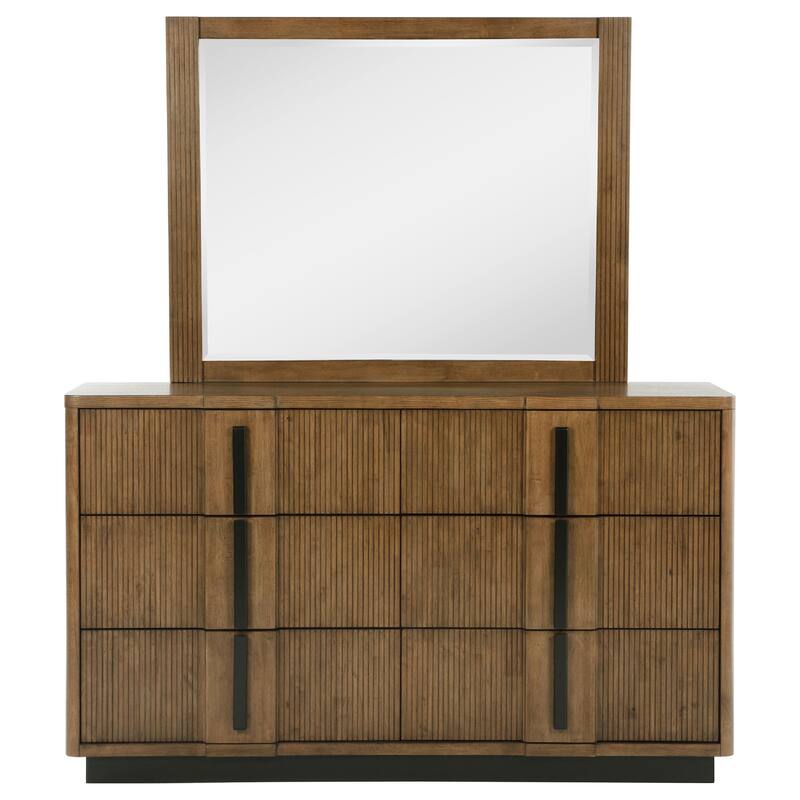 Reon Wide Dresser with Mirror, 6 Drawers, Vertical Fluting, Brown Wood