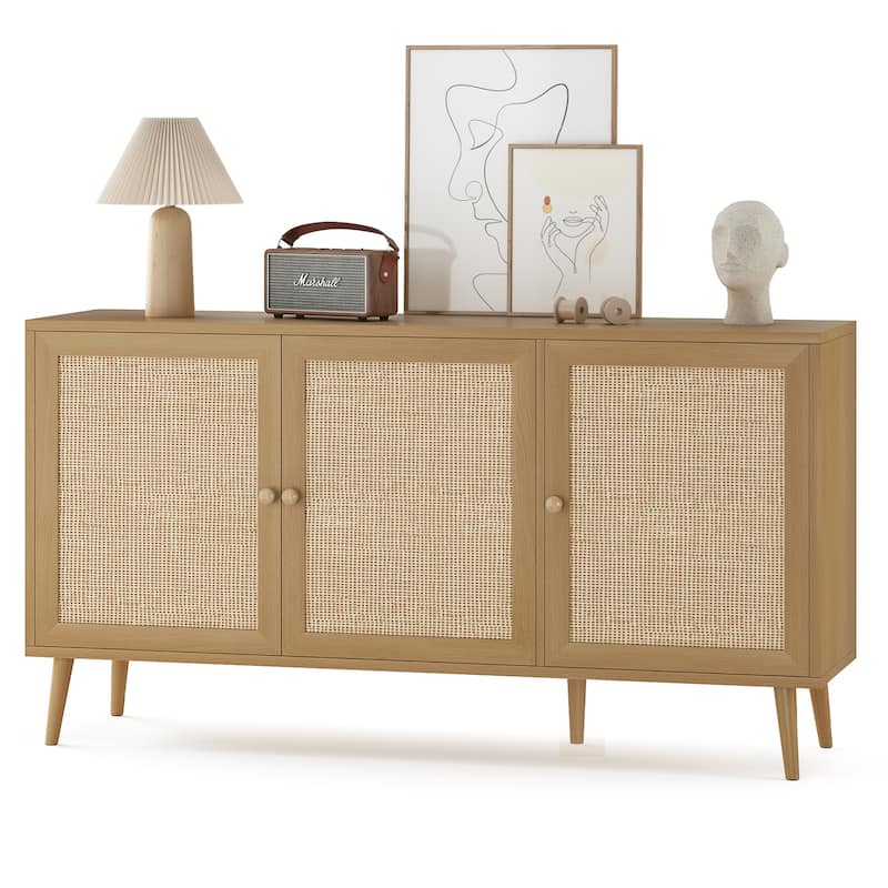 Sideboard Buffet Cabinet with 3 Rattan Doors,Modern Kitchen Storage Console Cabinet for Entryway Living Room (Large) - Natural