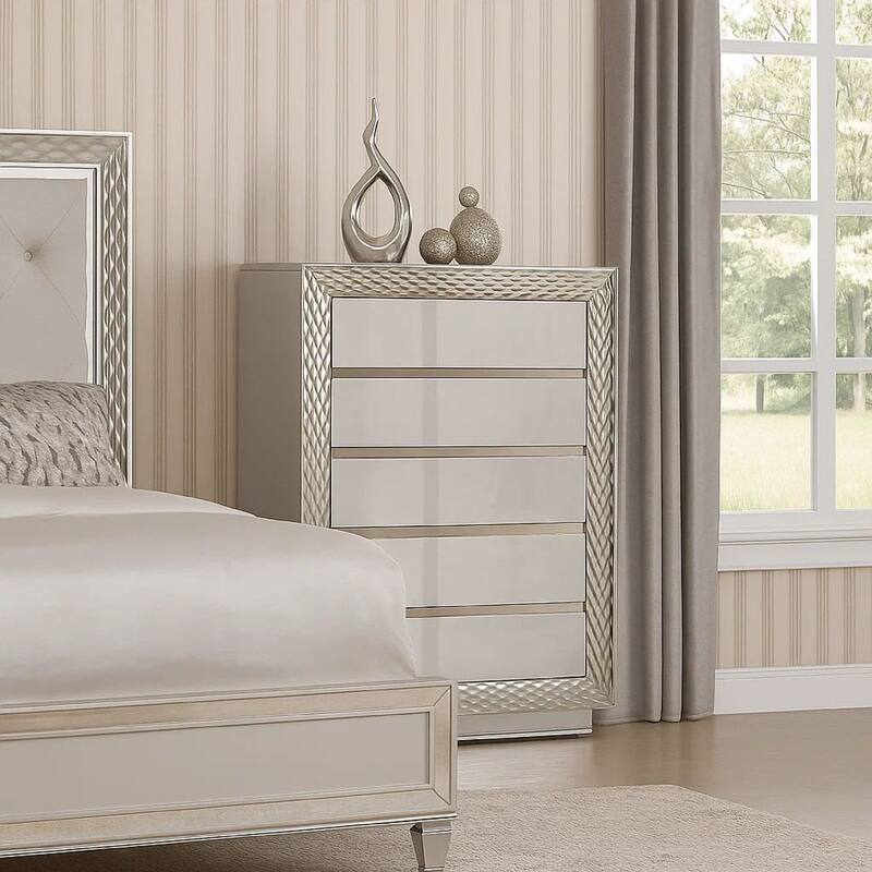 Vino 5 Drawer Tall Dresser Chest, Plinth Base Gray Wood with Silver Trim