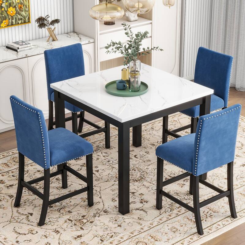 Roomfitters 5-Piece Counter Height Dining Table Set with Faux Marble Square Table and Velvet Upholstered Chairs