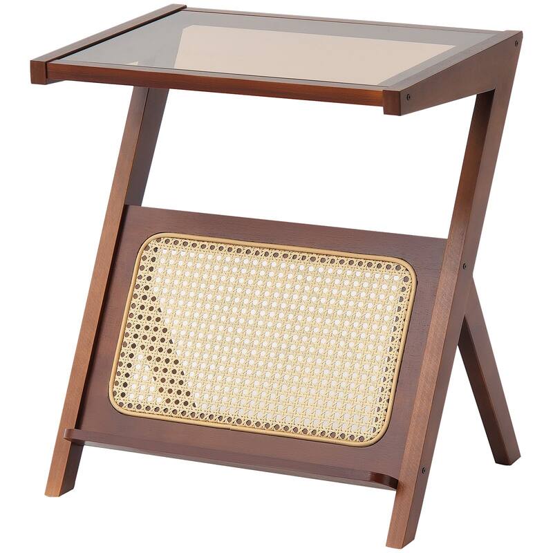 Walnut Wicker Z-Shaped Rattan Woven End Table with Removable Glass Top Suitable for Any Room - 19.7” x 14.4” x 22”