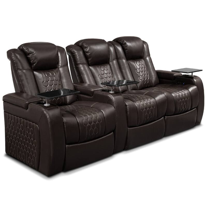 Roomfitters 93.3" Power Recliner 3-Piece Set, Top-Grain Nappa Leather, 39-Color RGB LED & USB-C Charging, Coffee