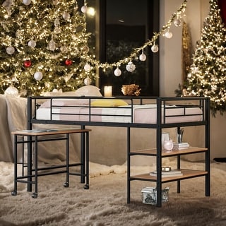 Twin Size Metal Loft Bed with Desk and Shelves, Black