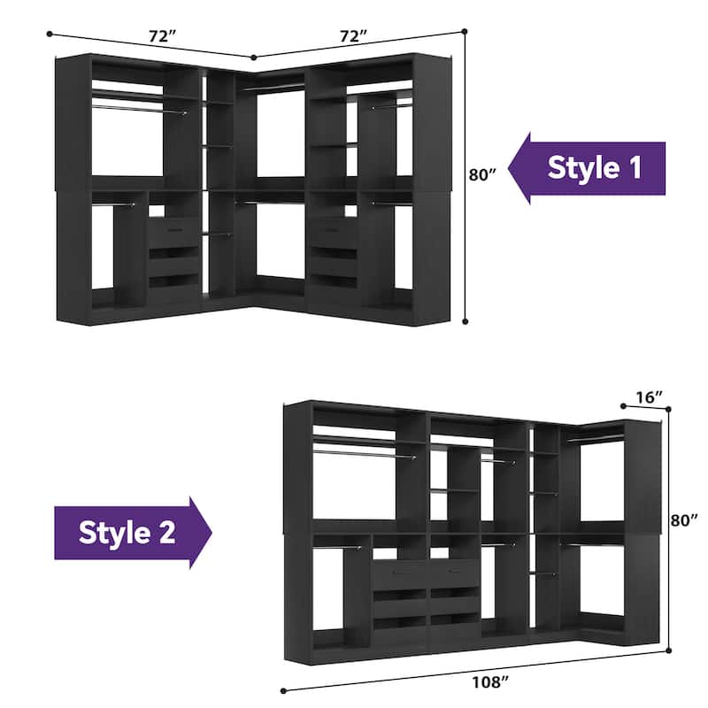 Qvella 72"-108" Closet System with Drawers and Hanging Rods,Freestanding Walk-in Closet Organizer System Wardrobe Closet Tower