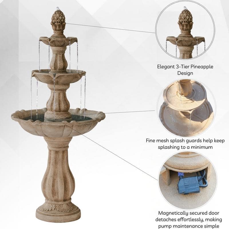 XBrand 3-Tier Water Fountain w/Pump & Pineapple Top, 51 Inch Tall, Large Outdoor Freestanding Waterfall Decor for Porch