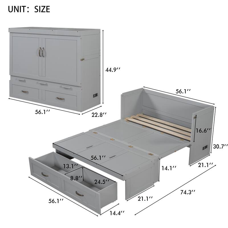 Gray Full Size Space-Saving Design Murphy Bed with USB Ports, Large Drawers and Metal Handles