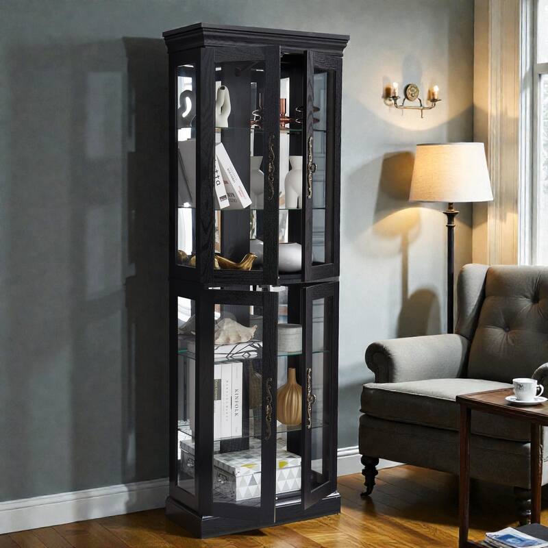 Lighted Glass Curio Display Cabinet with Wooden Frame, 6-Tier Storage for Collectibles, Wine, Toys, Living Room Display