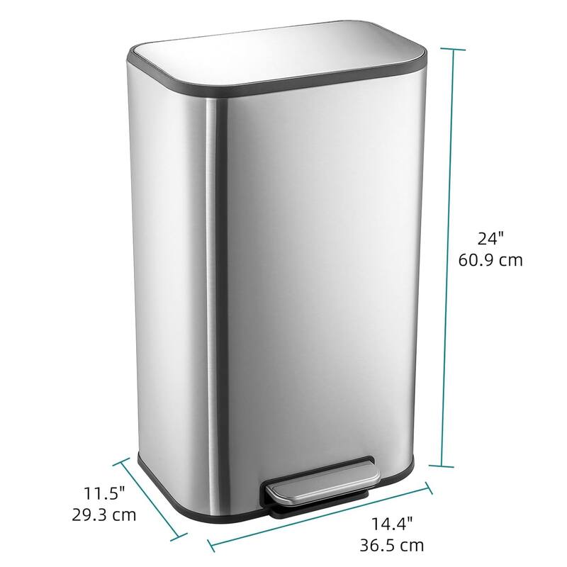8 Gallon/30 L Stainless Steel Trash Can with Lid, Step-On Pedal and Inner Bucket, Rectangular for Kitchen, Office, Living Room
