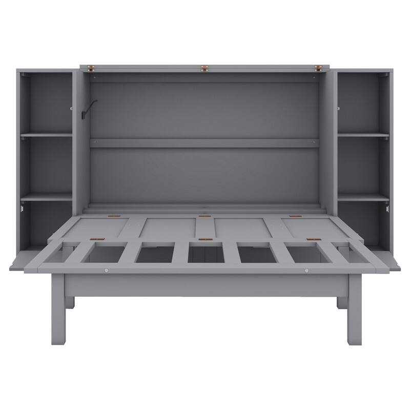 Murphy Bed with Shelves, Drawers and USB Ports,Gray